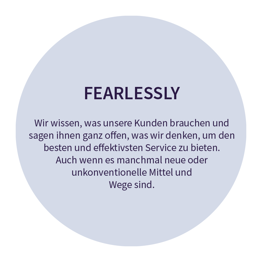 FEARLESSLY. Wir wissen, was unsere Kunden brauchen und sagen ihnen ganz offen, was wir denken, um den besten und effektivsten Service zu bieten. Auch wenn es manchmal neue oder unkonventionelle Mittel und Wege sind.